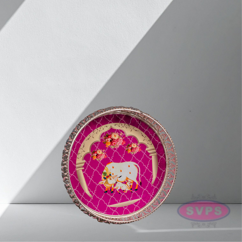 Round Shape German Silver Cow And Calf Tray
