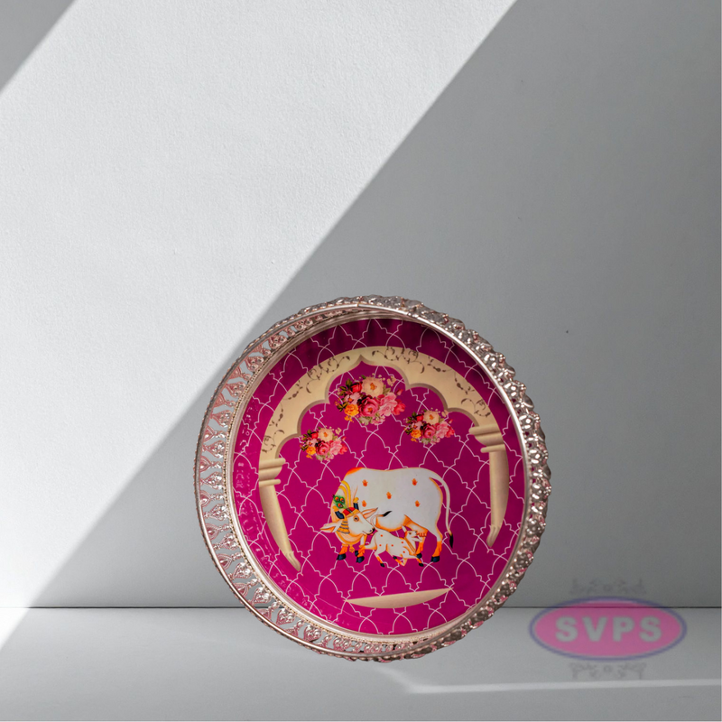 Round Shape German Silver Cow And Calf Tray