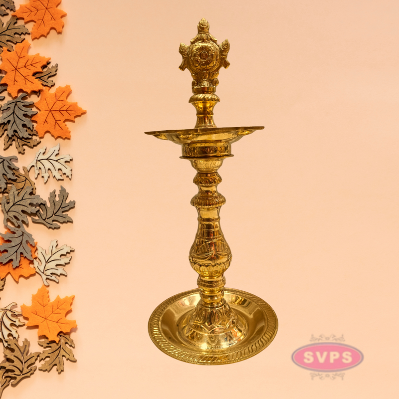 Traditional Brass Shankh Chakra Kuthu Vilakku | Antique Finish Deepam for Pooja & Home Décor