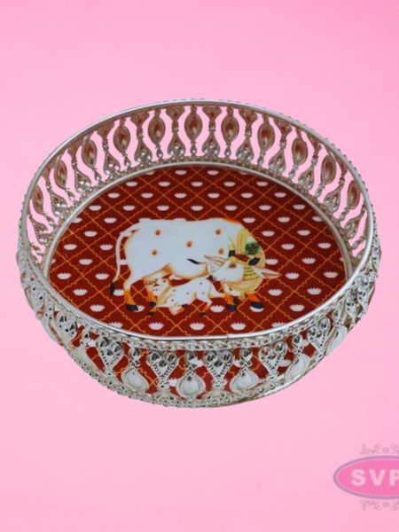 Decorative Silver-Plated Round Pooja Tray with Kamdhenu Cow Design – Traditional Religious Gift Plate