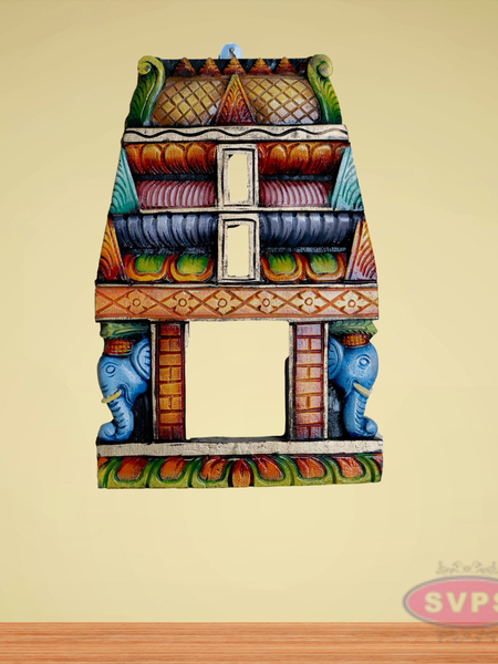Traditional Handcrafted Wooden Temple Gopuram Frame with Elephant Carvings – Multicolor Wall Décor