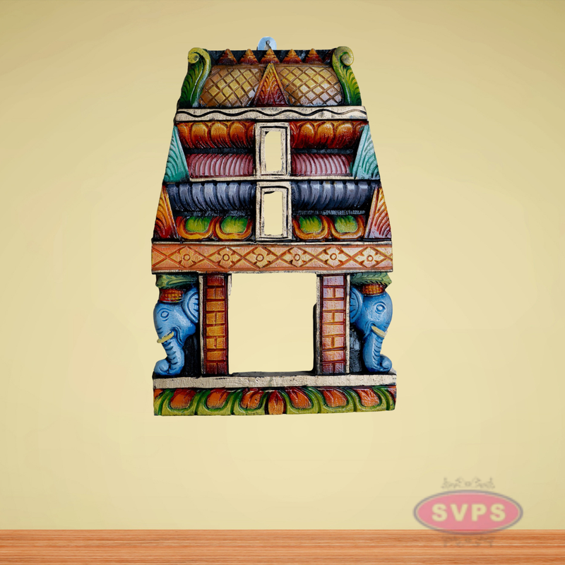 Traditional Handcrafted Wooden Temple Gopuram Frame with Elephant Carvings – Multicolor Wall Décor