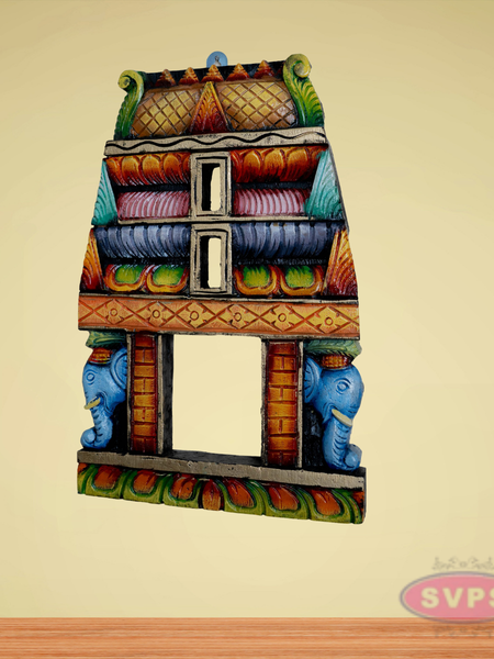 Traditional Handcrafted Wooden Temple Gopuram Frame with Elephant Carvings – Multicolor Wall Décor
