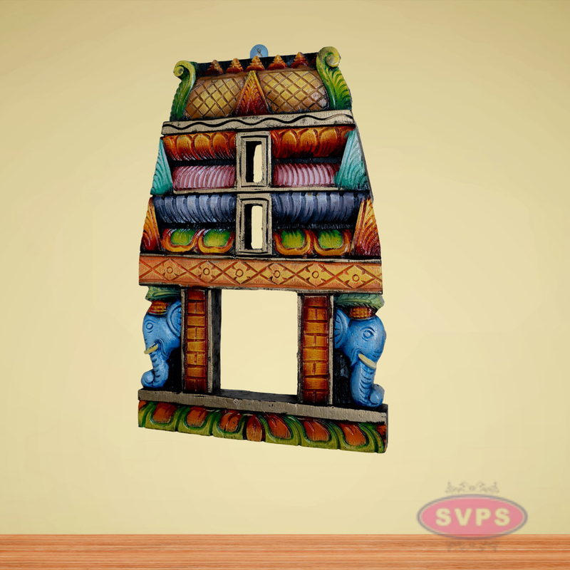 Traditional Handcrafted Wooden Temple Gopuram Frame with Elephant Carvings – Multicolor Wall Décor