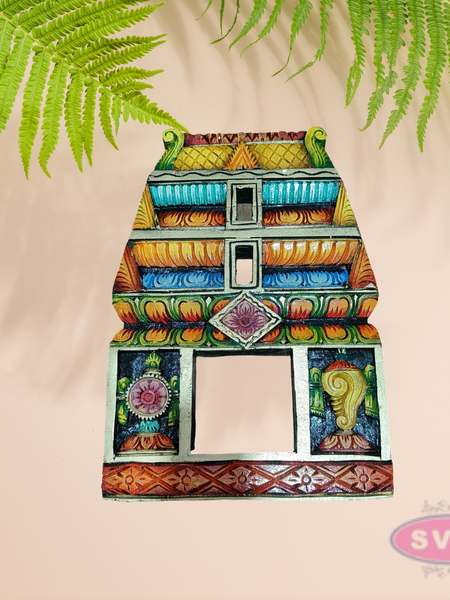 Handcrafted Wooden Gopuram Frame with Shanku and Chakra Design – Multicolor Temple Décor