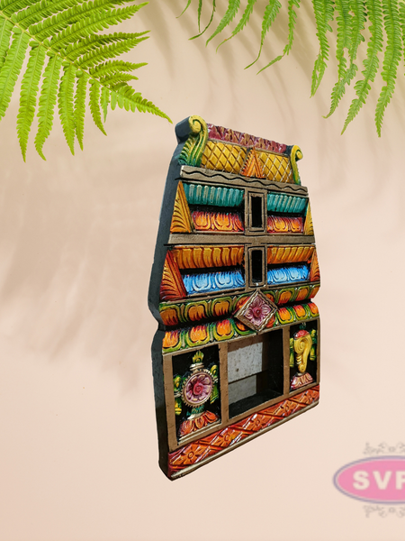 Handcrafted Wooden Gopuram Frame with Shanku and Chakra Design – Multicolor Temple Décor