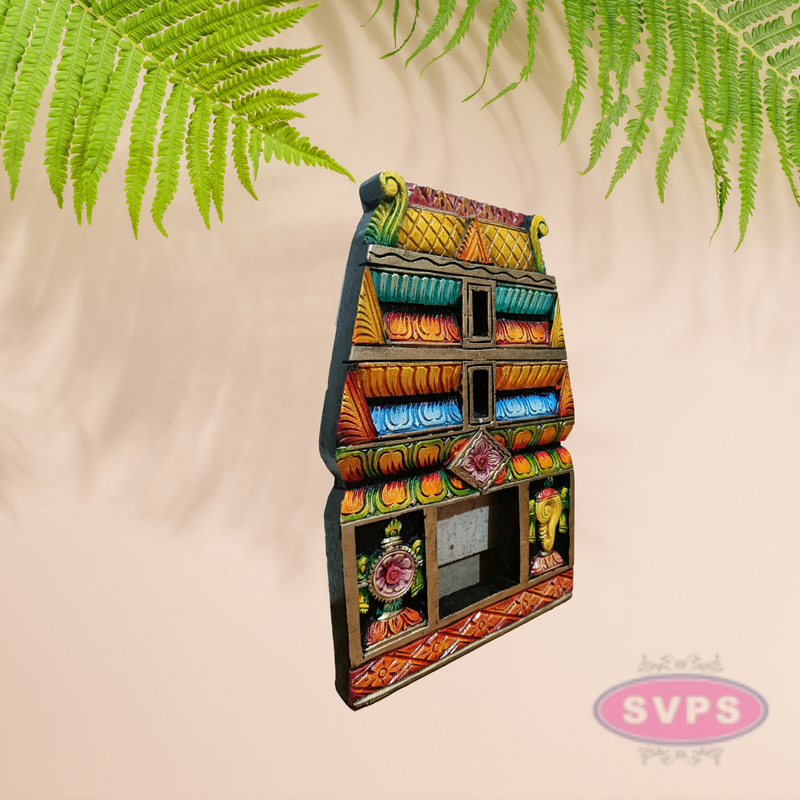 Handcrafted Wooden Gopuram Frame with Shanku and Chakra Design – Multicolor Temple Décor