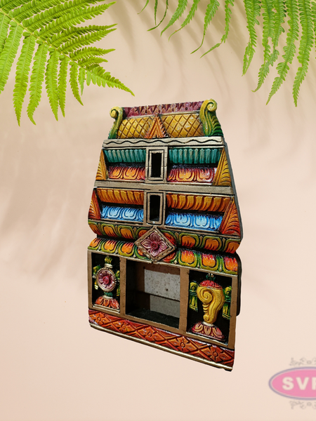 Handcrafted Wooden Gopuram Frame with Shanku and Chakra Design – Multicolor Temple Décor