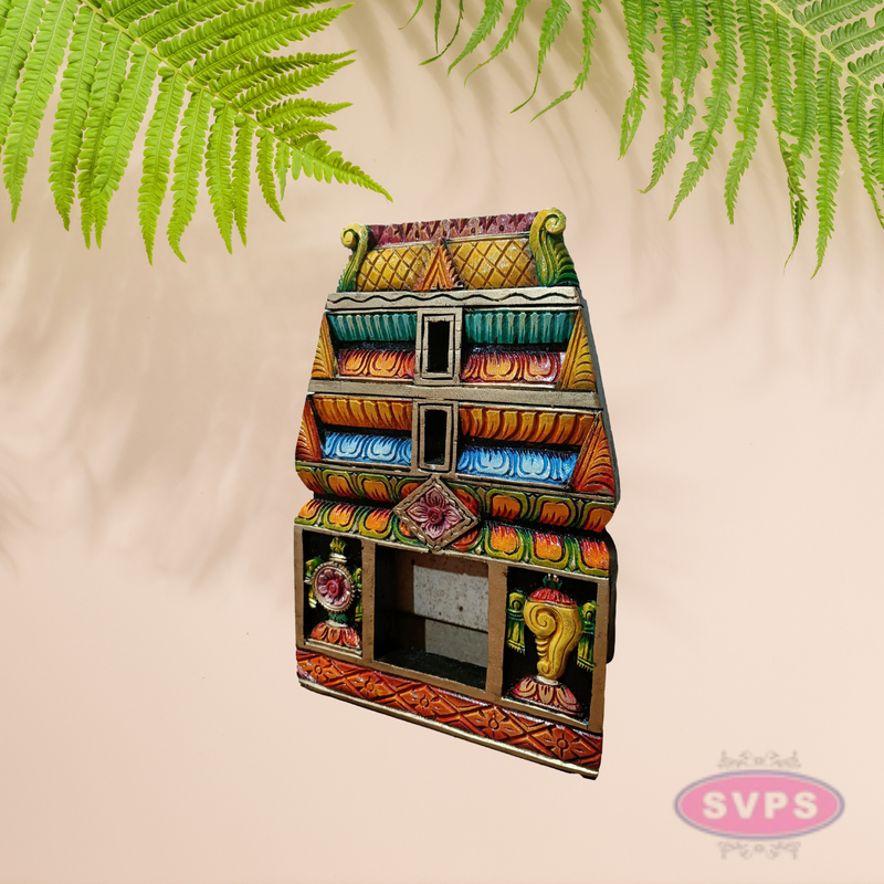 Handcrafted Wooden Gopuram Frame with Shanku and Chakra Design – Multicolor Temple Décor