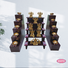 Wooden 5 Step With Brass Ashtalakshmi Set And Wooden 5 Lamp Stand With Brass Lamp
