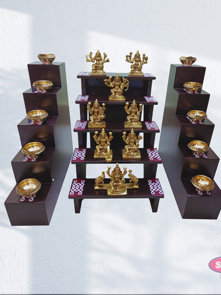 Wooden 5 Step With Brass Ashtalakshmi Set And Wooden 5 Lamp Stand With Brass Lamp