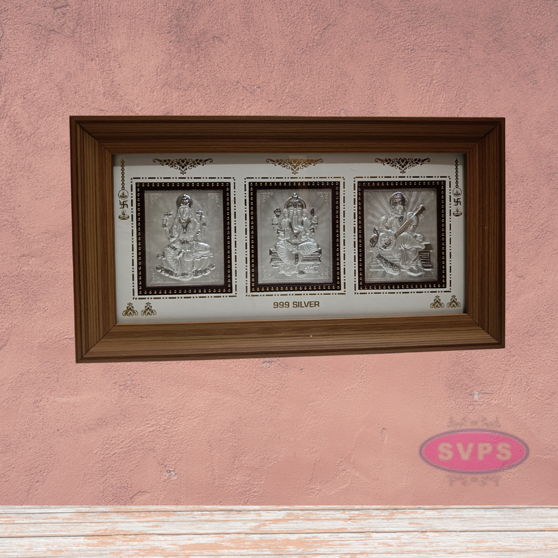 999 Silver Lakshmi Ganesh Saraswathi Wooden Frame