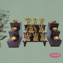 Wooden 3 Step With 3 Lamp Stand And Brass Ashtalakshmi Idol With Brass Lamp