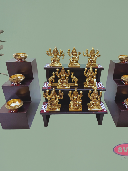 Wooden 3 Step With 3 Lamp Stand And Brass Ashtalakshmi Idol With Brass Lamp