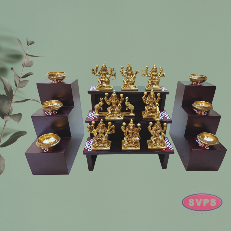 Wooden 3 Step With 3 Lamp Stand And Brass Ashtalakshmi Idol With Brass Lamp