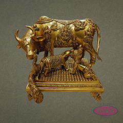 Handcrafted Brass Kamadhenu Cow with Calf – Ashta Lakshmi Carved Divine Idol