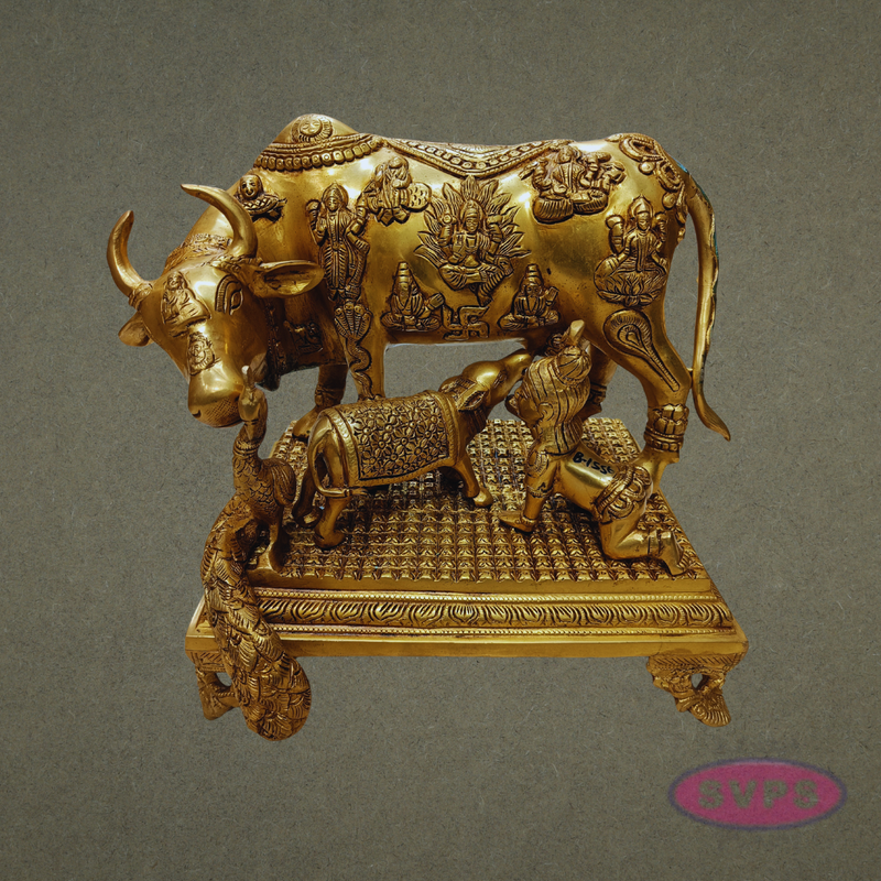 Handcrafted Brass Kamadhenu Cow with Calf – Ashta Lakshmi Carved Divine Idol