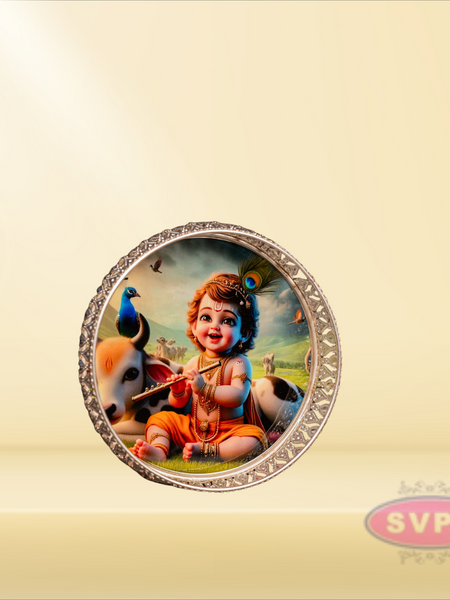 Round Shape German Silver Little Krishna With Cow Tray