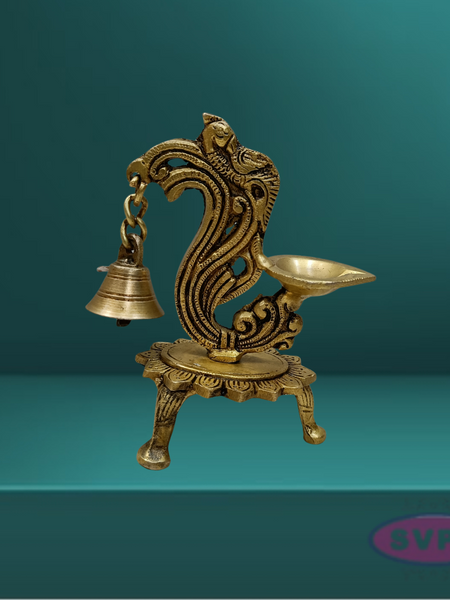 Brass Antique Peacock Diya With Bell For Puja And Decor