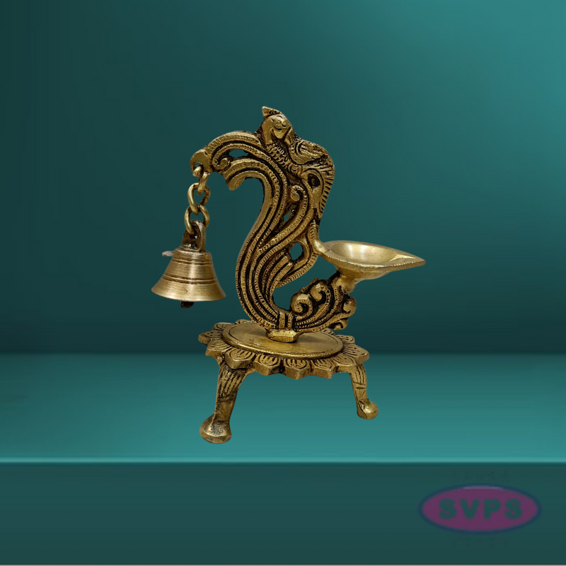 Brass Antique Peacock Diya With Bell For Puja And Decor