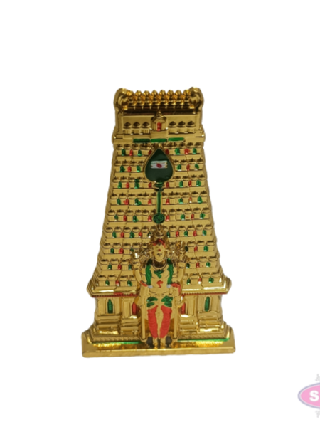 Golden Metal Thiruchendur Murugan with Gopuram Showpiece | Traditional Temple Design for Home, Pooja Room & Car Dashboard