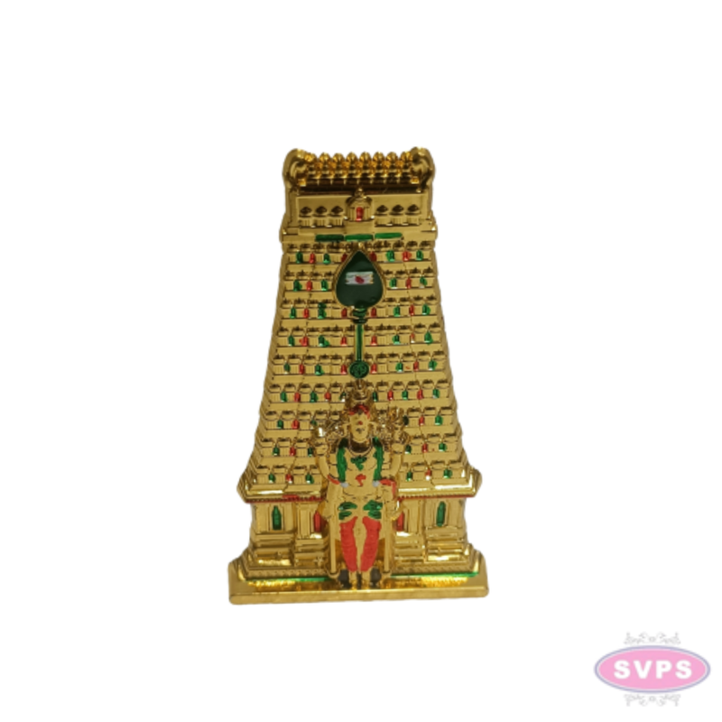 Golden Metal Thiruchendur Murugan with Gopuram Showpiece | Traditional Temple Design for Home, Pooja Room & Car Dashboard
