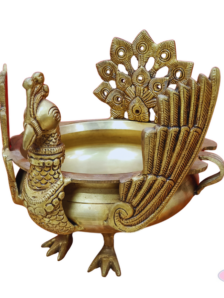 Antique Brass Peacock Urli Bowl – Majestic Bird Design with Feathered Tail Backrest