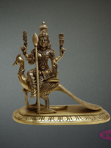 Brass Murugan Idol Sitting on Peacock – Skanda Swamy Statue for Spiritual Decor