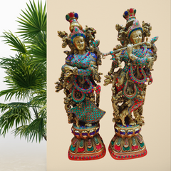 Brass Radha Krishna Set With Antique Stone Work