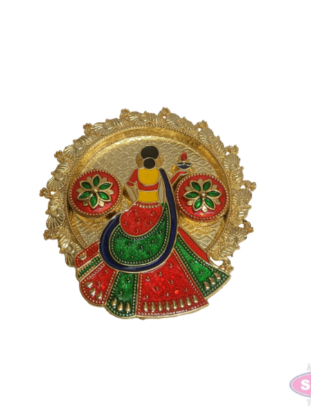 Decorative Meenakari Lady Kumkum Thali | Gold Finish Pooja Plate with Twin Kumkum Containers