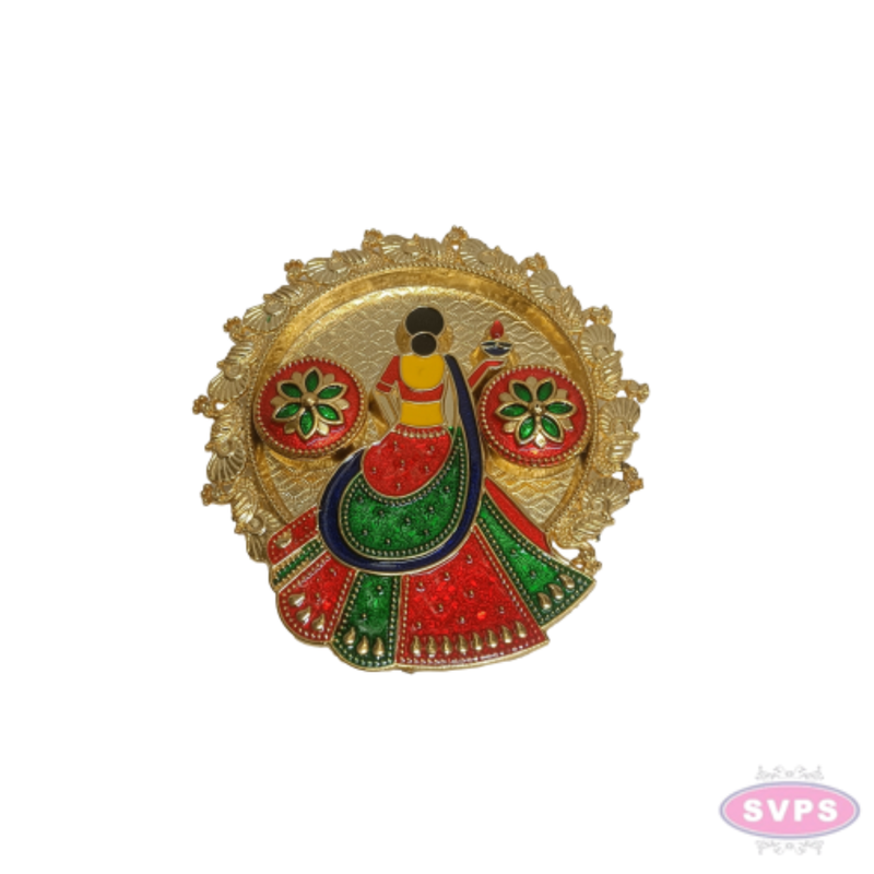 Decorative Meenakari Lady Kumkum Thali | Gold Finish Pooja Plate with Twin Kumkum Containers