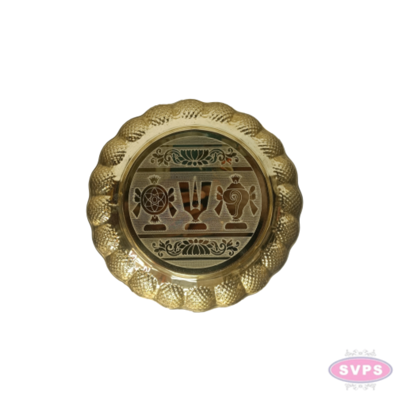 Brass Shanku Chakra Namam Puja Thali – 7 Inch Decorative Embossed Pooja Plate