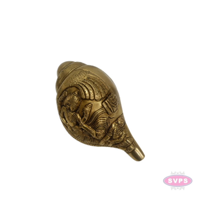Brass Blowing Shankh Conch with Lord Vishnu Narayan | Traditional Brass Pooja Shankh | Handcrafted Religious & Spiritual Décor