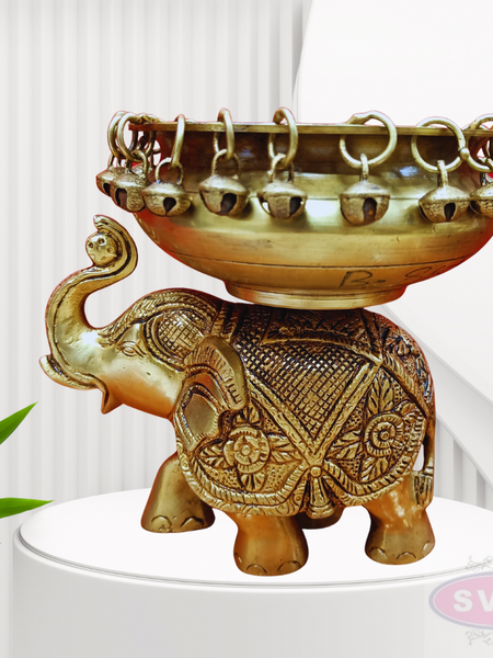 Antique Brass Elephant Urli Bowl with Hanging Bells – Traditional Decorative Centerpiece