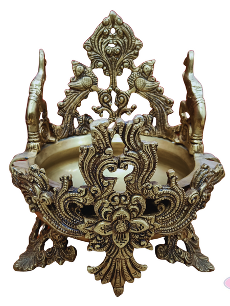Antique Brass Peacock Design Urli Bowl – Ornate Floral Carving with Traditional Stand