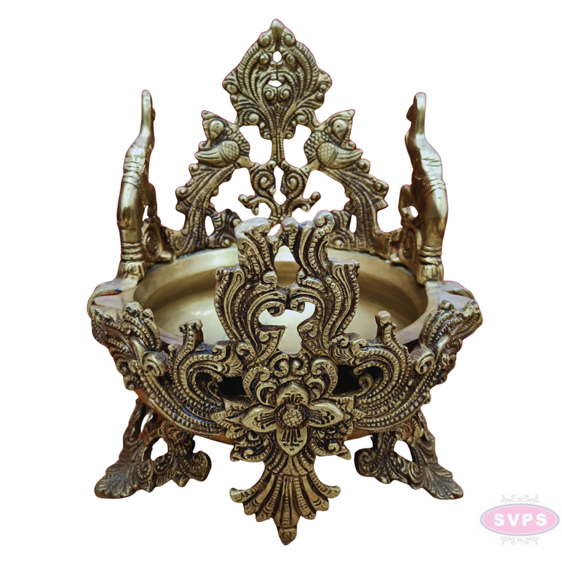 Antique Brass Peacock Design Urli Bowl – Ornate Floral Carving with Traditional Stand