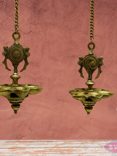 Brass Shanku Chakra 6 Wicks Hanging Lamp