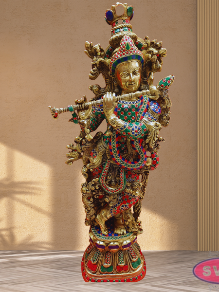 Brass Antique Stone Work Krishna On Lotus
