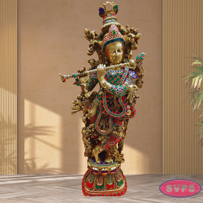 Brass Antique Stone Work Krishna On Lotus