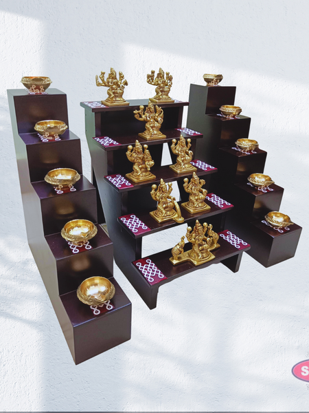 Wooden 5 Step With Brass Ashtalakshmi Set And Wooden 5 Lamp Stand With Brass Lamp