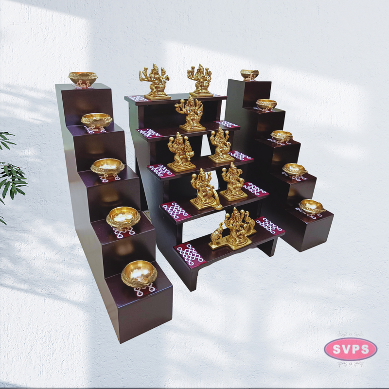 Wooden 5 Step With Brass Ashtalakshmi Set And Wooden 5 Lamp Stand With Brass Lamp