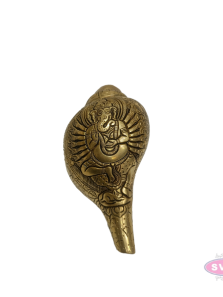 Brass Blowing Shankh with Lord Ganesha Carving | Traditional Conch with Ganesha Design | Handmade Brass Pooja & Spiritual Décor