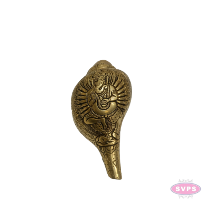 Brass Blowing Shankh with Lord Ganesha Carving | Traditional Conch with Ganesha Design | Handmade Brass Pooja & Spiritual Décor