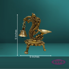 Brass Antique Peacock Diya With Bell For Puja And Decor