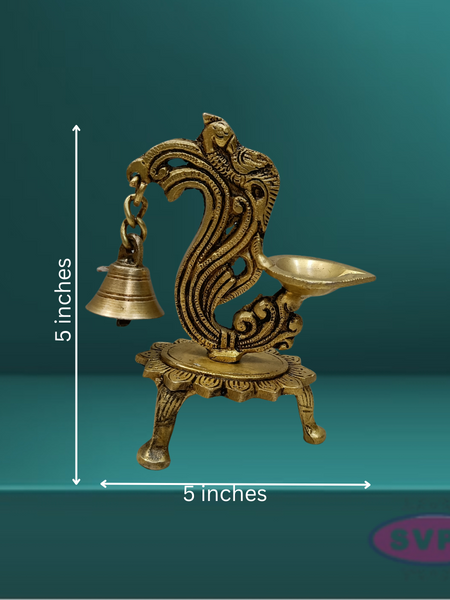 Brass Antique Peacock Diya With Bell For Puja And Decor