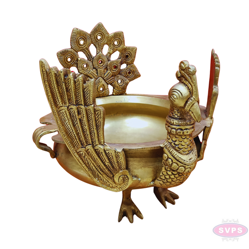 Antique Brass Peacock Urli Bowl – Majestic Bird Design with Feathered Tail Backrest