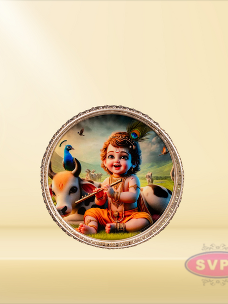Round Shape German Silver Little Krishna With Cow Tray