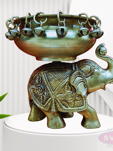 Antique Brass Elephant Urli Bowl with Hanging Bells – Traditional Decorative Centerpiece