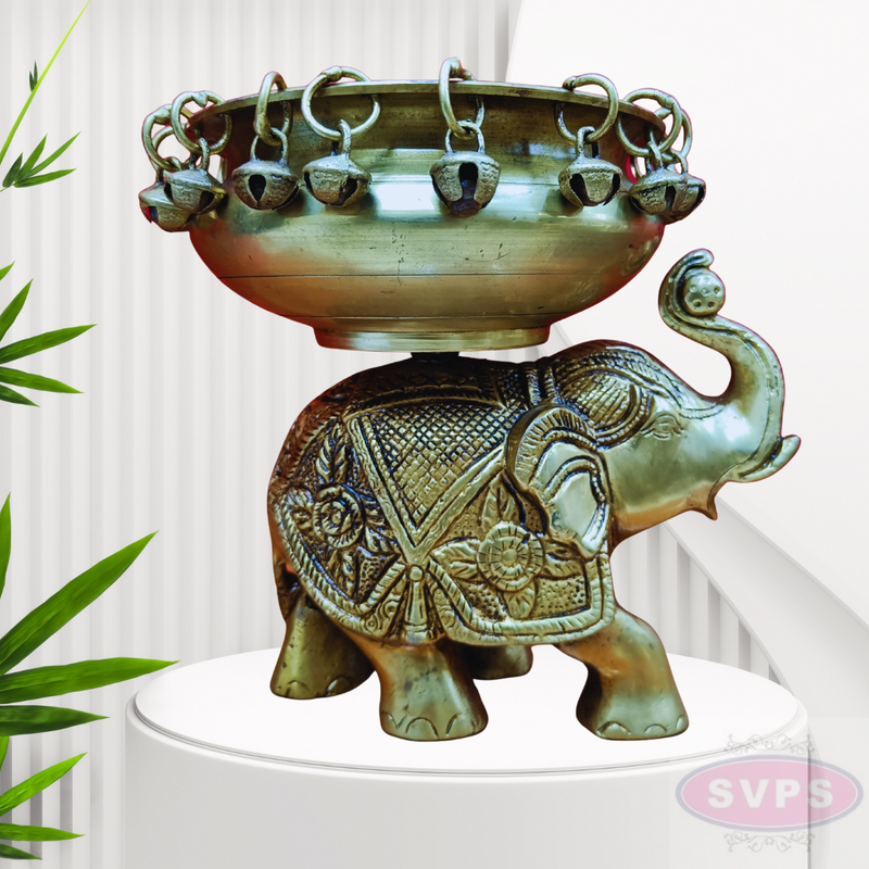 Antique Brass Elephant Urli Bowl with Hanging Bells – Traditional Decorative Centerpiece