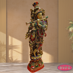 Brass Antique Stone Work Krishna On Lotus